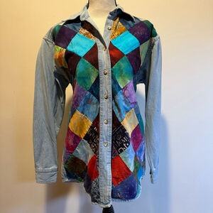 Sunbelt | Vintage | Light Wash Denim Patchwork Quilt Shirt S | Boho Artwear